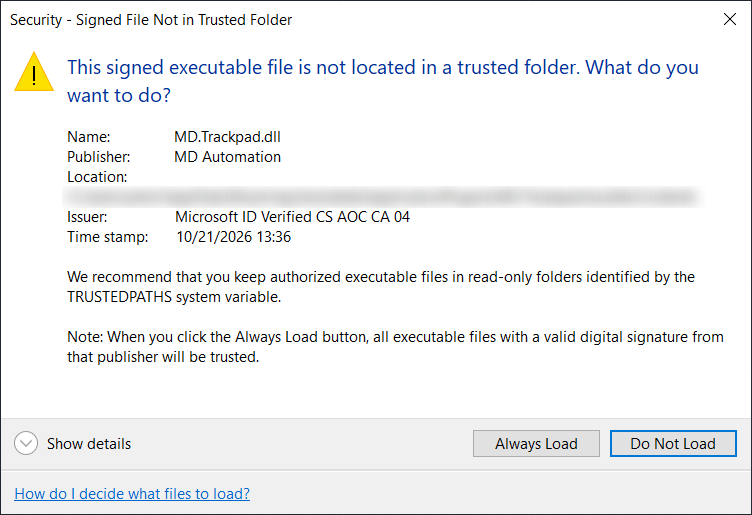 The Security - Signed File Not in Trusted Folder warning in AutoCAD software for the Trackpad plugin, with MD Automation as the publisher, a Microsoft ID Verified issuer, and the Always Load and Do Not Load buttons