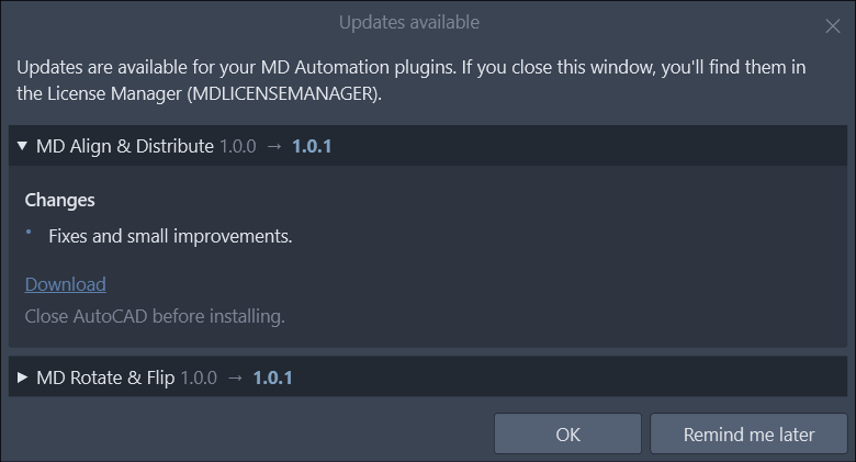 La fenêtre Mises à jour disponibles avec deux sections : MD Align & Distribute ouverte, montrant la version installée, la nouvelle version, ses changements et un lien Télécharger, et MD Rotate & Flip repliée